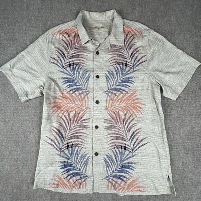 Tommy Bahama Size L Gray 100% Silk Loop & Wooden Button Floral