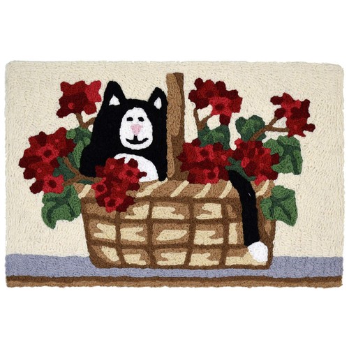 Kitty in Geranium Basket Indoor/Outdoor Machine Washable 20" x 30" Accent Rug