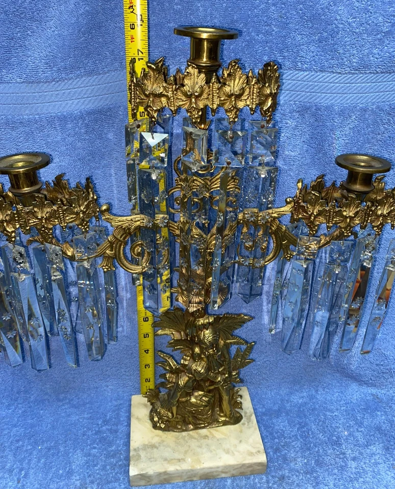 Candelabro antigo girandole bronze mármore e cristal prisma chamado de momento terno - Imagem 3 de 4