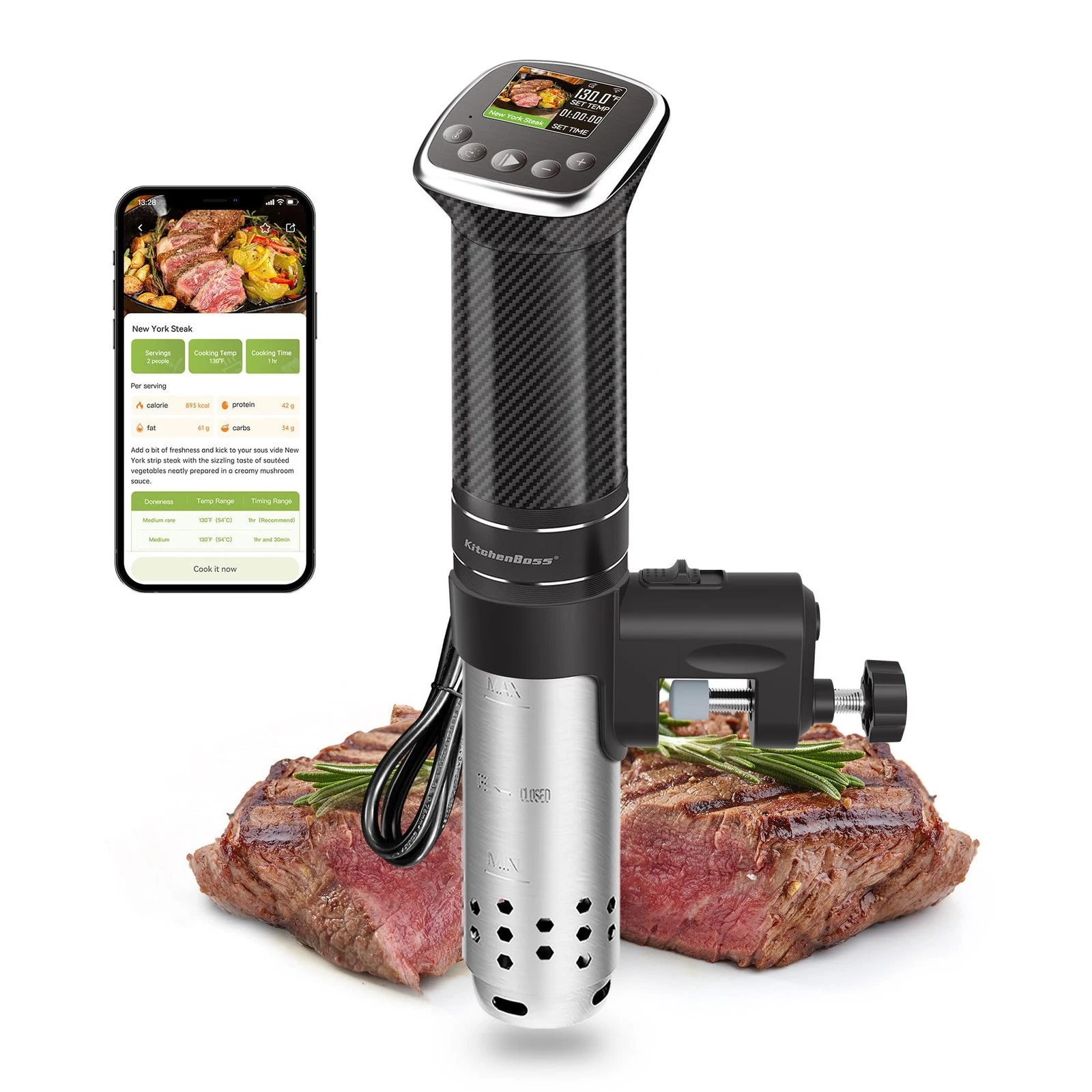 Sous Vide Cooker WiFi 1100W IPX7 Waterproof Immersion Circulator KitchenBoss