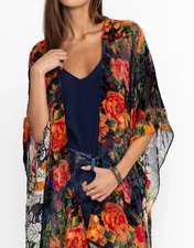 $248 JOHNNY WAS CATALINA FLORAL BURNOUT VELVET SHAWL Beaded Hem ONE SIZE O/S NWT
