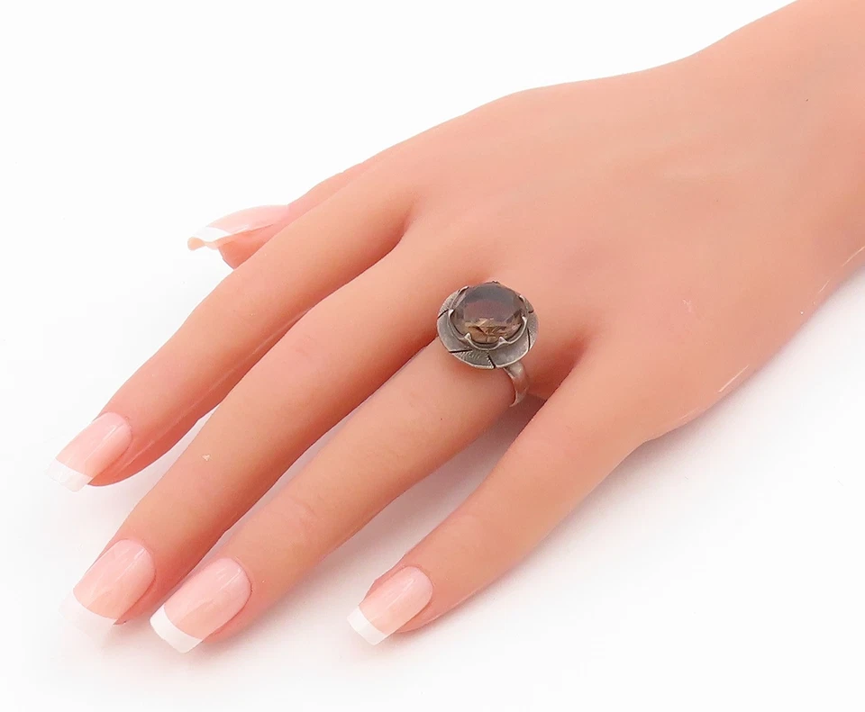 Anillo Vintage Plata de Ley 925 MÉXICO Halo Cuarzo Ahumado Banda Talla 6.5 RG34166 Foto 3 de 4