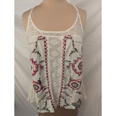 Cream Floral Embroidered Crochet Lace Tank Top Racerback Boho Festival Sz S