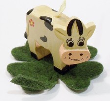 Steinbach Germany Spotted Dairy Cow on 4 Four Leaf Clover Wooden Wood Ornament