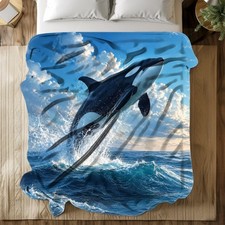 Breaching Orca Coral Fleece Blanket Ocean Wave Wildlife Throw