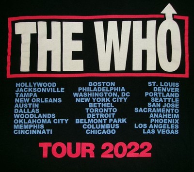 THE WHO ROCK CLASSIC BAND TOUR 2022 T SHIRT XL CITIES ON BACK