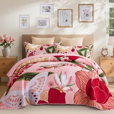 3 Piece Pink Boho Floral Full/Queen Quilt Sets Farmhouse Botanical Reversible...