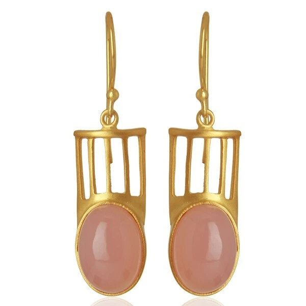 Pendientes de calcedonia rosa ovalada chapados en oro de 18k Art Deco pendientes de moda joyería Foto 3 de 4