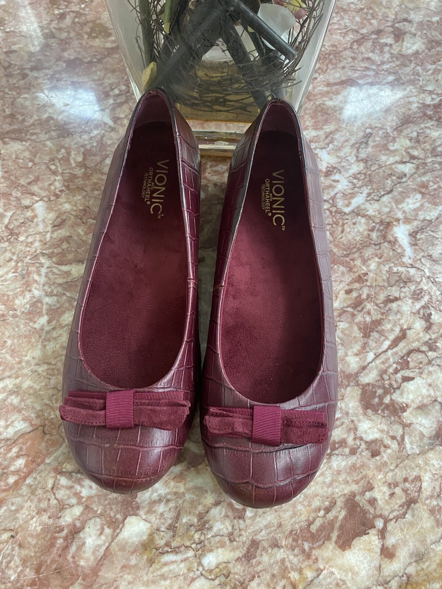 VIONIC Lydia Orthaheel Women's Burgundy Croc Leather  Bow Wedge Shoes Sz 8 EUC! View 3