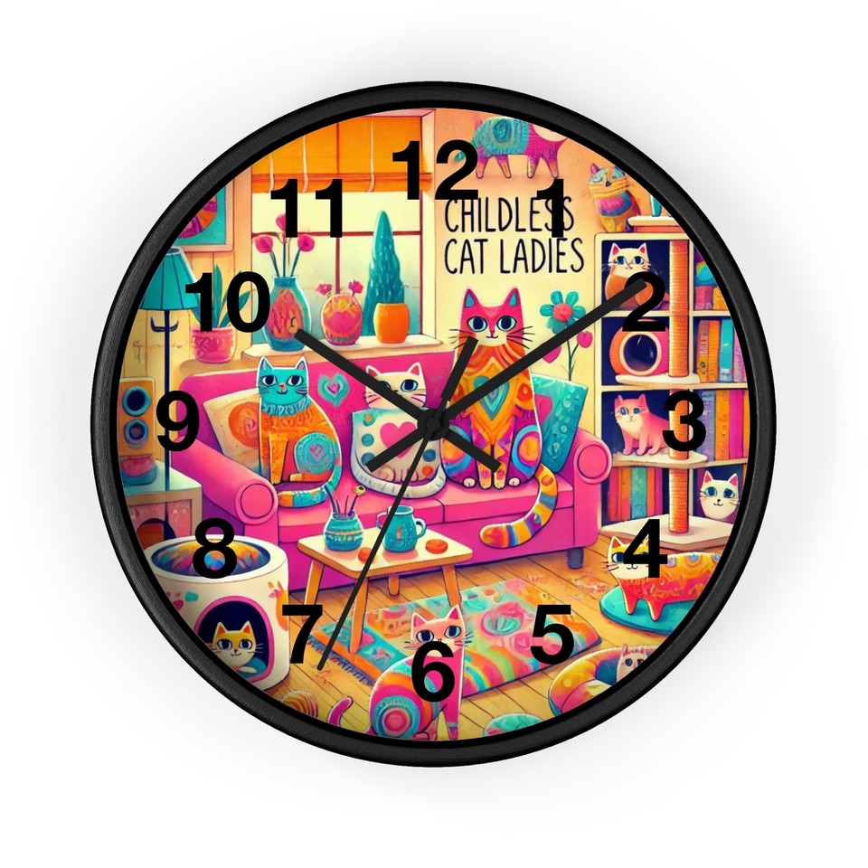 Whimsical Childless Cat Ladies Wall Clock Colorful Home Decor Cat Art