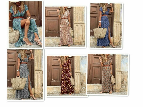 Ladies Summer Beach Sundress Women short sleeve V-Neck Wrap Floral Maxi Dress - Bild 9 von 14