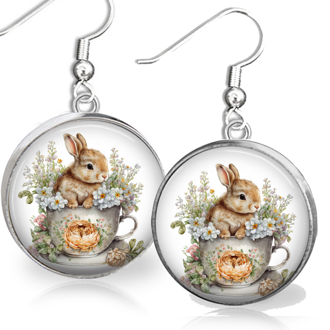 Teacup Bunny Rabbit Earrings Spring Flowers Silver Charm Dangle Drop  Earrings