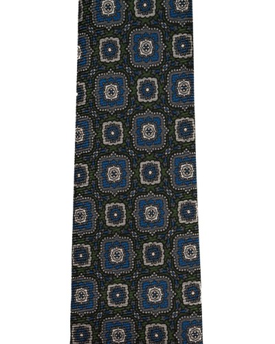 "Corbata de seda Kiton Napoli $330 nueva sin etiquetas verde azul gris estampado medallón 3,25"" 8 cm" - Imagen 2 de 3