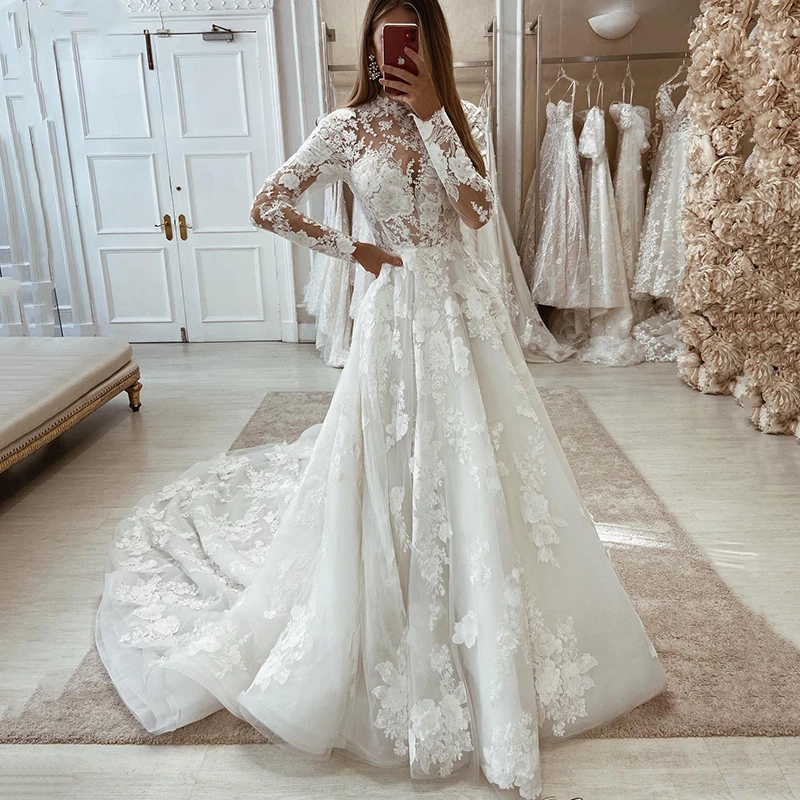 Mermaid Wedding Dress 3D Floral High Neck Long Sleeve Lace Applique Bridal  Gown | eBay