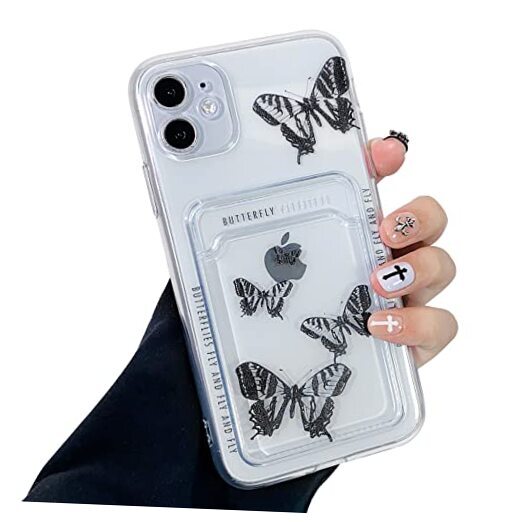 Compatible for iPhone 11 Case Clear with Card Holder, Cute G-Black Butterfly