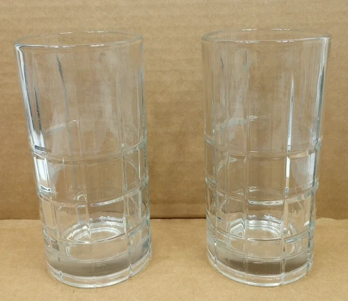 Vtg Pair Anchor Hocking “Tartan” Clear Glass Ice Tea Tumblers  16 oz Manchester