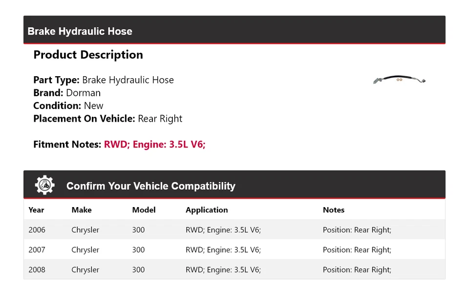 Manguera hidráulica de freno trasera derecha para Chrysler 300 2006-2008 tracción trasera 3,5 L V6 Dorman Foto 2 de 4