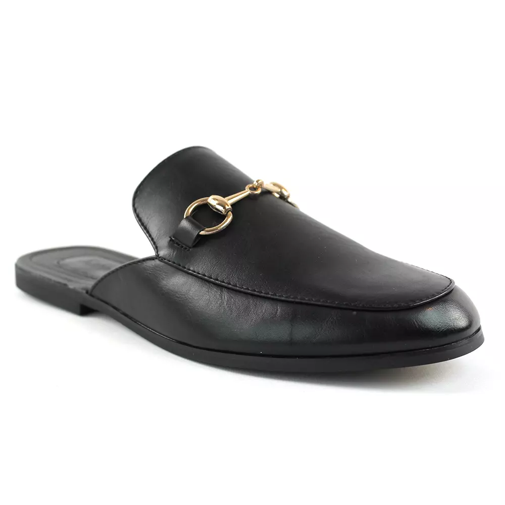 Mens Black Leather Backless On Mule With Gold Buckle Loafers MAN | eBay