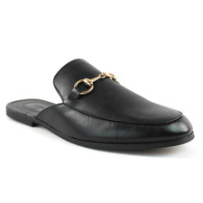 Mens Black Leather Backless Slip On Mule With Gold Buckle Loafers By AZAR MAN