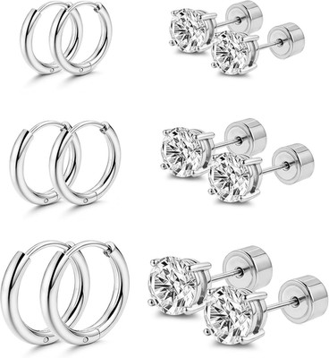 Hypoallergenic Surgical Steel Earrings, 20G Sparkling Cubic Zirconia (CZ) Flat B