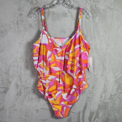 Beyond Control Womens 14 Pink Ruffle V-Neck One Piece Swimsuit LXIF24807 NEW