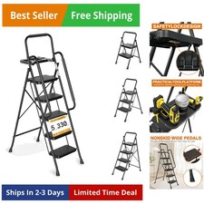 Folding Step Stool with Wide Anti-Slip Pedals, Sturdy Steel Ladder with Handr...