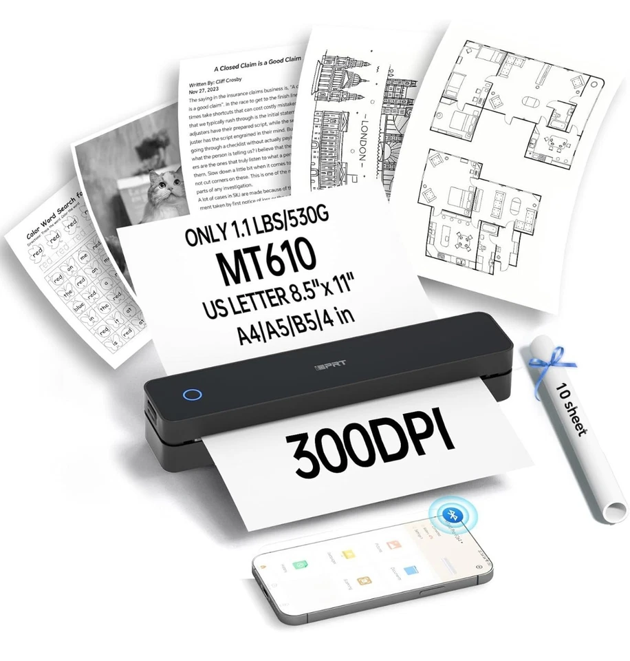 iDPRT MT610 300dpi A4 Portable Wireless Thermal Printer Bluetooth iOS Android PC - Image 2 of 4