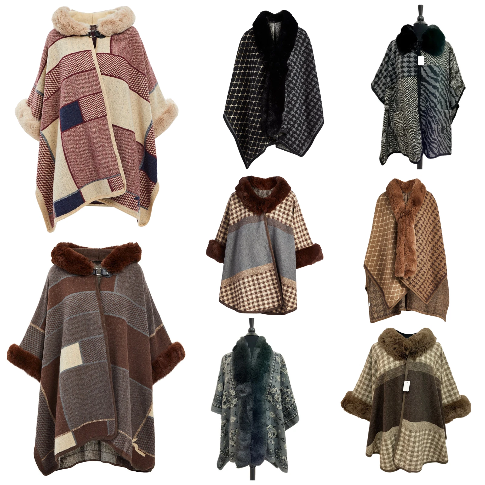 Women Poncho Faux Fur Collar Sweater Knit Shawl Wrap Oversized Cozy Winter Boho