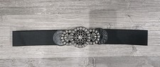 Chicos Womens M/L Stretch Belt Black Ornate Interlocking Silver Tone Buckle Boho