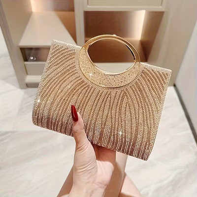 Elegante Abendtasche Gold mit Strass   Clutch & Schultertasche, Magnetverschluss