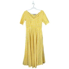ESHAKTI Gingham Print Yellow Cotton Midi Dress Size 8 Medium Tea Length