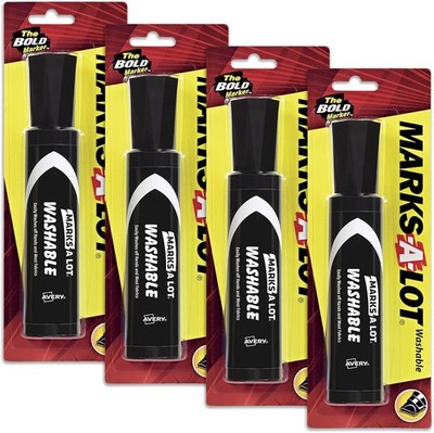 Marks A Lot Jumbo Black Washable Marker, Chisel Tip, 1 per Pack, 4 Packs, 4
