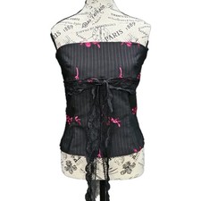 Vtg Corset Crop Top Womens M Lace Halter Floral Pinstripe Steampunk Whimsigoth