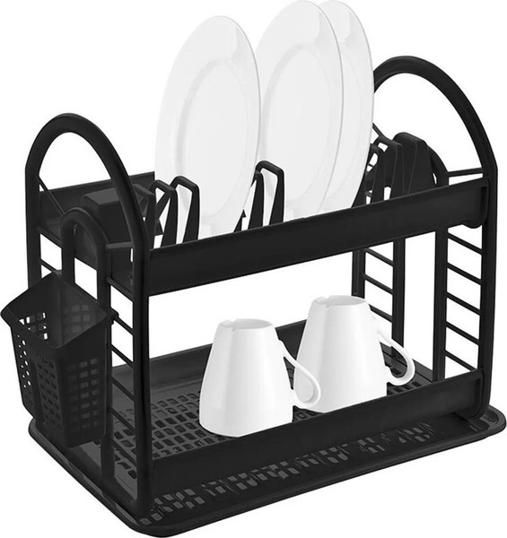 Abtropfgestell 2 Etagen GeschirrstäNder Besteckhalter Tropfschale Schwarz-image