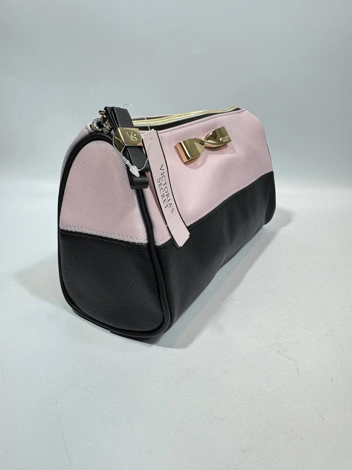Victoria’s Secret Bolso de Cosméticos Rosa y Negro con Lazo Dorado – Bolsa de Maquillaje de Viaje Foto 3 de 4
