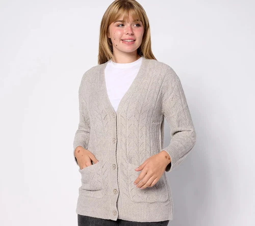 Barefoot Dreams CozyChic Lite Lace Pointelle Cardigan-Whisper Grey-Large A612284