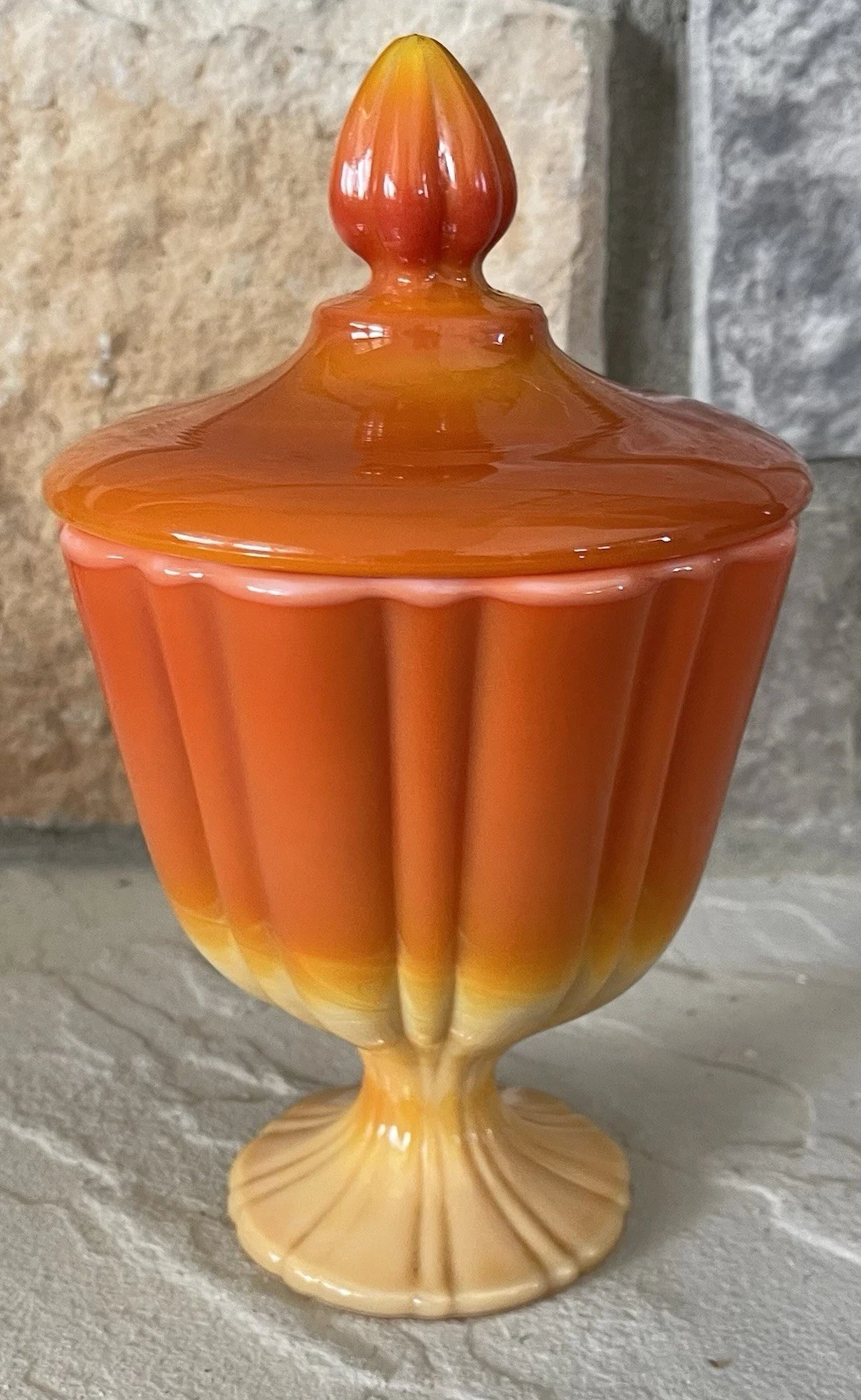 Vtg L E Smith Bittersweet Orange Mid Century Modern Slag Glass Candy Jar Compote