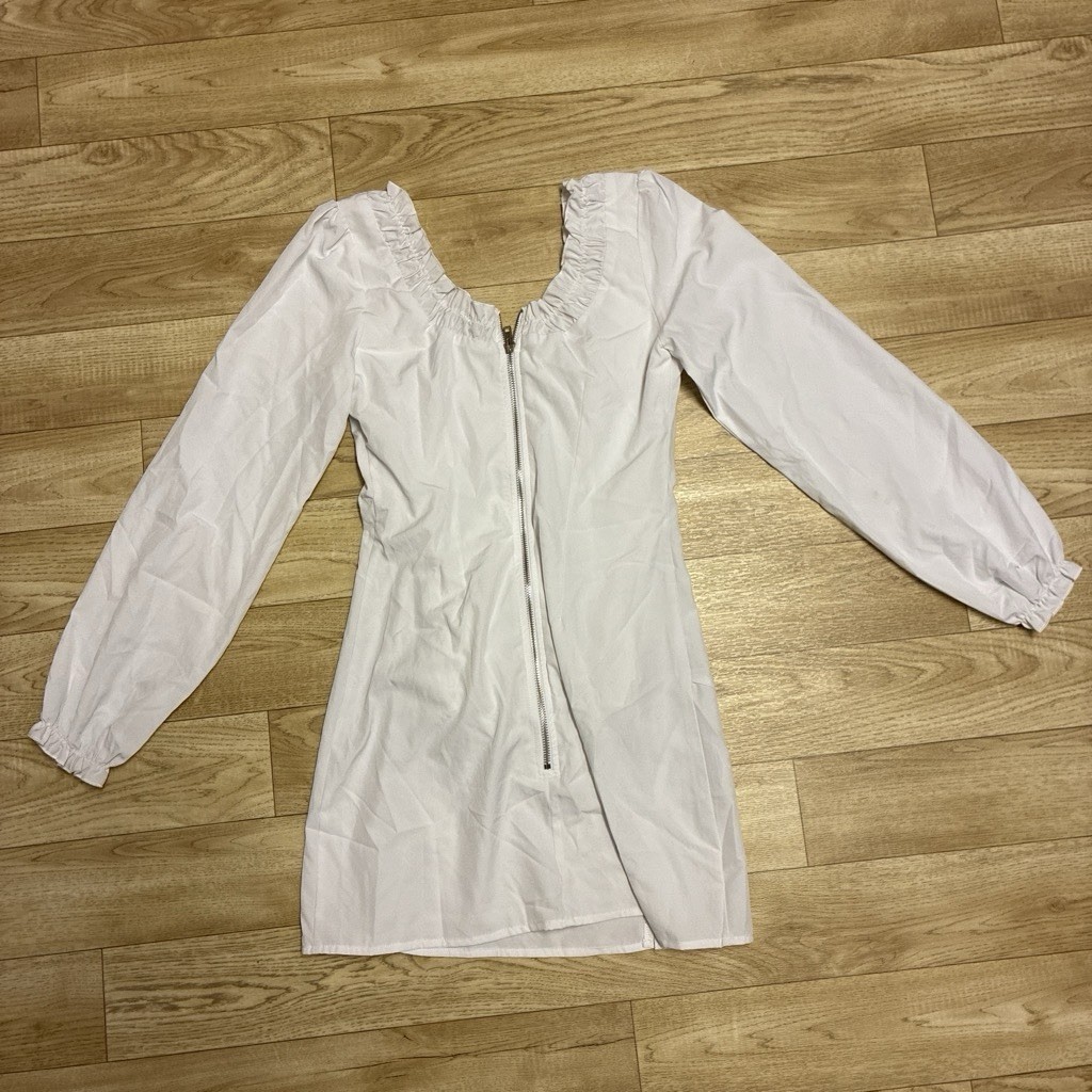 ZARA White Ruffle Mini A-Line Dress Puff Long Sleeve Square Neck Zipper S