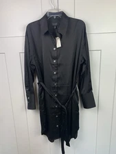 NWT Banana Republic Factory Large Tall LT Black Satin Shirt Dress Button Front 