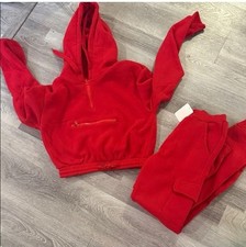 Women  s Red Cropped Hoodie  Jogger Set   Cozy Fleece Loungewear