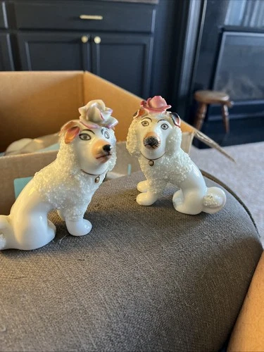 Staffordshire Occupied Japan Porcelain White Poodle Rose Figurine Set