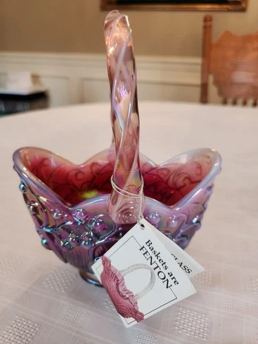 Fenton Plum Opalescent LILLT OF THE VALLY Basket Signed by Bill Fenton w/ Tags