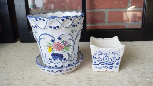 McCoy Pottery-Portugal & Rice Import-Japan~  Blue & White VTG Ceramic Planters
