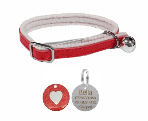 Leather & Felt Cat / Kitten Pet Collar Safety Buckle, Bell & Engraved Heart Tag - Picture 7 of 7