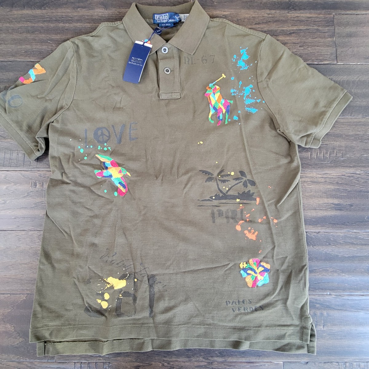 Polo Ralph Lauren Mens Green PEACE LOVE POLO Mesh SS Polo Shirt