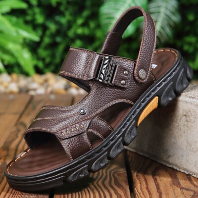 Mens Genuine Leather Sandals Summer Casual Sports Beach Shoes Soft Home  Slippers