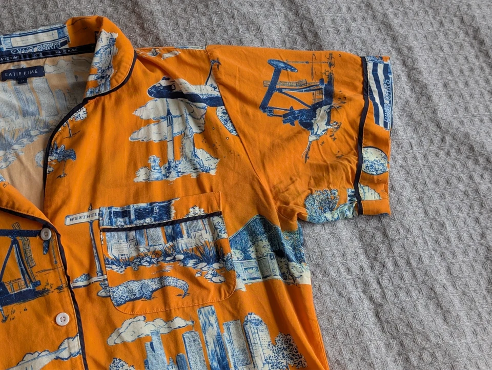 Katie Kime Top Women Medium Orange Houston Toile Pajama Shirt Button Up Cotton - Image 4 of 4