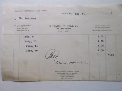 1915 Nelson Y. Hull receipt Optometrist Eyes 198 Broadway New York NY