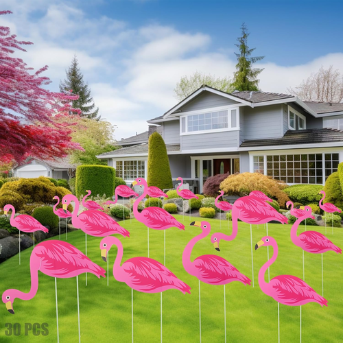 30 Pcs Summer Beach Pink Flamingo Yard Signs with 60 Stakes 4 Styles Flamingo La