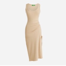J Crew BP250 Ruched Midi Dress Tank Ribbed Beige Sleeveless Sz M